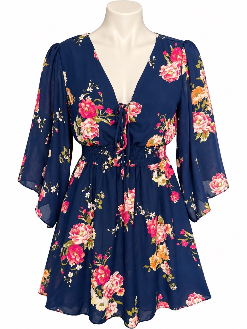 Bailey Blue Floral Tie-Front V-neckline Cinched Smocked Waist Navy Mini Dress